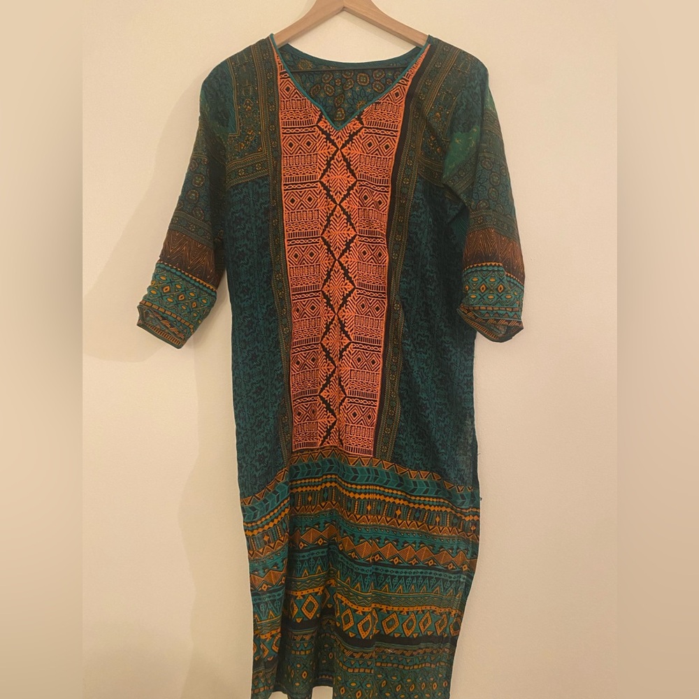 Indian/Pakistani Embroidered Kurta | Medium–Large | Teal Green & Orange